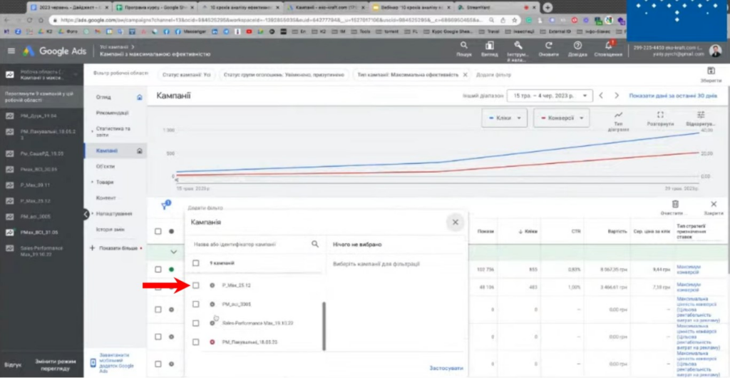 Позначте галочками кампанії, які хочете аналізувати