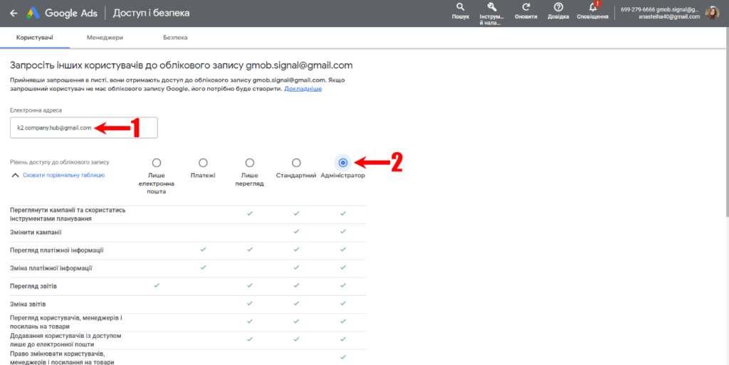 Введіть електронну адресу і надайте максимальний рівень доступу “Адміністратор”