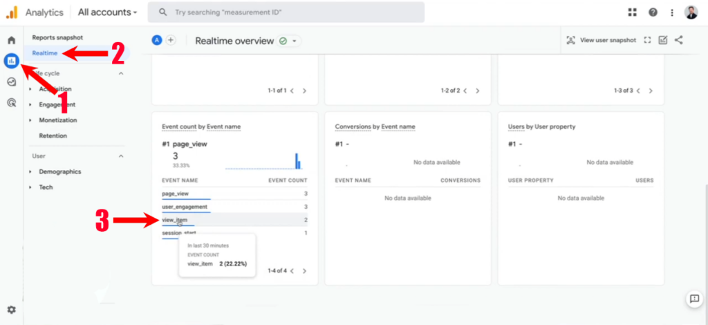 Подія view_item у звіті в реальному часі Google Analytics 4